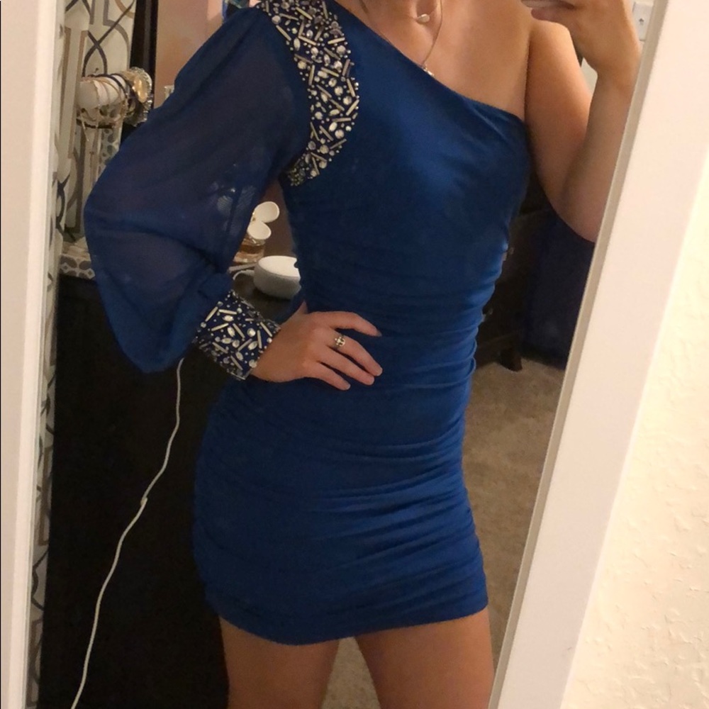 Blue one sleeved dress